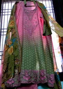 Ombre Pink And Green Kurta Set