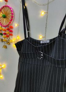 Pinstripe Wide-Leg Pants with Suspenders