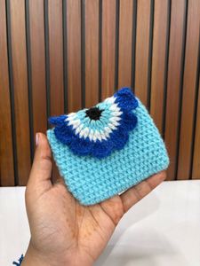 Handmade Blue Crochet Evil Eye Pouch