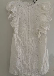 Zara White Broderie Anglaise Ruffle Dress