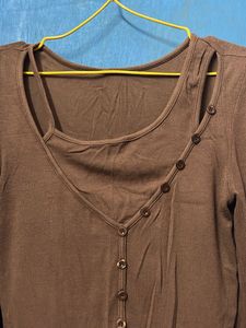 Brown Button Detail Long Sleeve Top