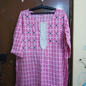 Pink Floral Print Kurta with White Lace (2 kurti)