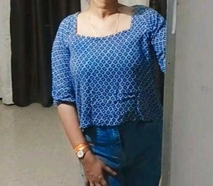Blue Geometric Print Square Neck Top