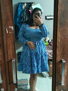 Blue Floral Smocked Square Neck Dress