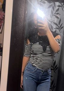 Striped Cold Shoulder Top with Lace Detail