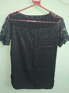 Chic Black Lace &amp; Embellished Sheer Neckline Top