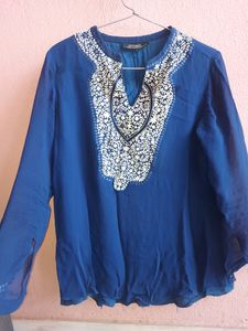 Am:pm Designer Pure Georgette Embroidered Blue Top