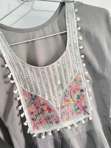 Grey Embroidered Pom-Pom Kurti😍