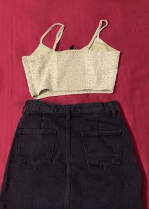 Cute floral crop top and denim skirt set