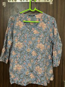 Blue Floral Print 3/4 Sleeve Kurta