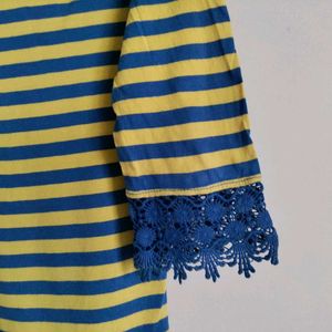 Striped 3/4 Sleeve Tshirt with Lace Detail
