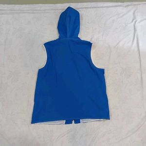 Blue Hooded Sleeveless Zip-Up Vest