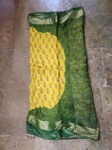 Vibrant Yellow &amp; Green Block Print Saree