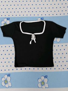 Chic Black Square Neck Top with Tie Detail
