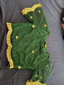 Green Embroidered Blouse with Gold Trim