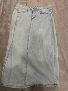 Light Wash Denim Midi Skirt with Slit