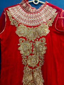 Red Anarkali Gown with Gold Embellishments