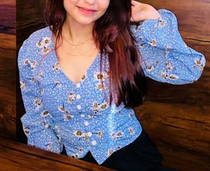 Blue Floral Button-Up Blouse