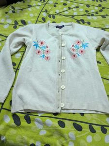 Cream Embroidered Button-Up Cardigan