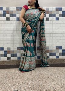 Elegant Teal Saree with Elephant Print