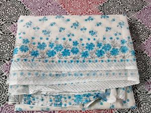 White Blue Floral Print Cotton Saaree🤍💙