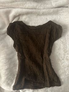 Brown Lace Trimmed Ruched Top