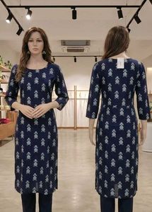 Brand New Navy Blue Ikat Print Straight Kurti