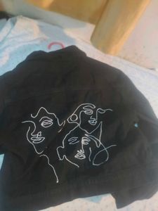 Black Denim Jacket with Abstract Face Print
