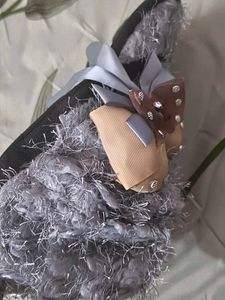 Fuzzy Gray Hair Cap with Bow 🧢