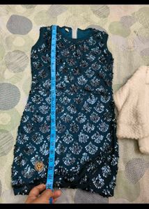 Peacock colour Party sequence dress with fur coat