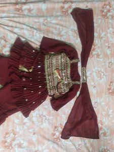 Maroon Ruffled Kurta Set with Dupatta