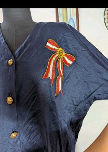 Navy Blouse with Ribbon Detail