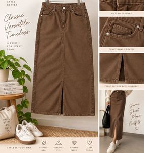 Classic Brown Denim Maxi Skirt