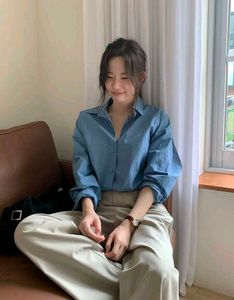 New with tag Korean Relaxed Fit Teal Linen Shirt