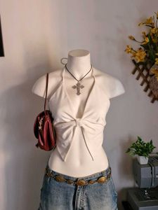 White Halter Neck Bow Front Top