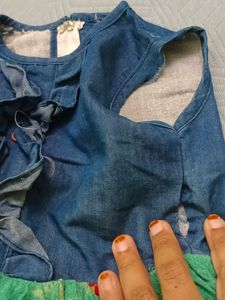 Denim and Floral Printed Frock