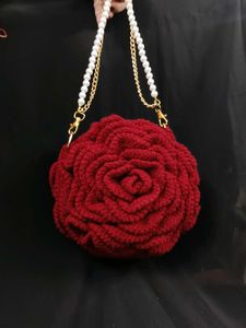 Crochet Rose Design Sling Bag with Pearl