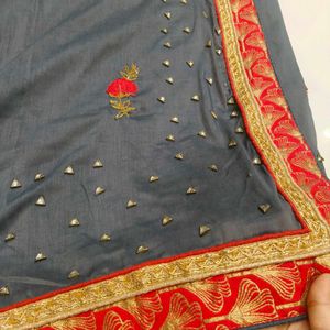 Designer Grey Saree with Red &amp; Gold Border