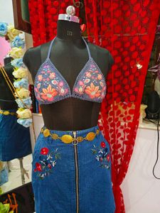 Embroidered Denim Mini Skirt and bikinis