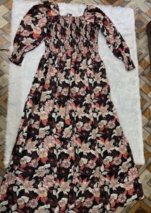Women's Black Floral Smocked Fit &amp; Flare Maxi Dres