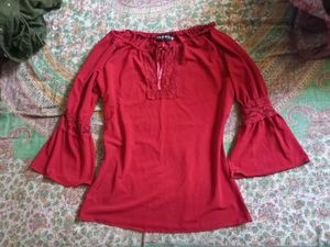 Red Bell Sleeve Lace Detail Top