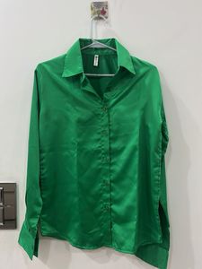 Vibrant Green Satin Button-Up Shirt