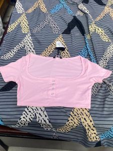 Pink Ribbed Button-Up Crop Top