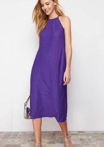 New!pleated  Purple Halter Neck Midi Dress
