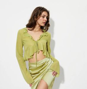 savana Lime Green Sheer Ruffle Tie-Front Top