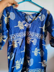 Blue Printed V-Neck Kurta
