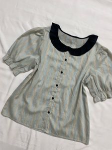 Striped Peter Pan Collar Puff Sleeve Top