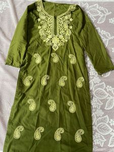 Embroidered Green Cotton Kurta