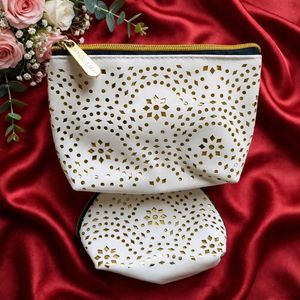 Set of 3 White &amp; Gold Cosmetic Bags