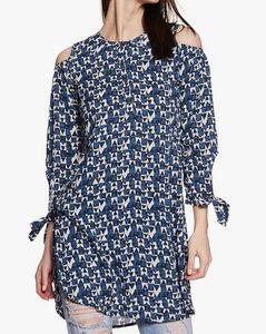 Blue & White Printed Cold-Shoulder Kurta